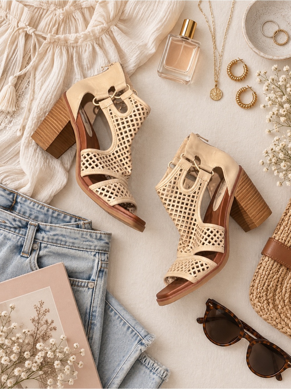 MIA Beige Cutout Block Heel Sandals - Women's Stylish Heels